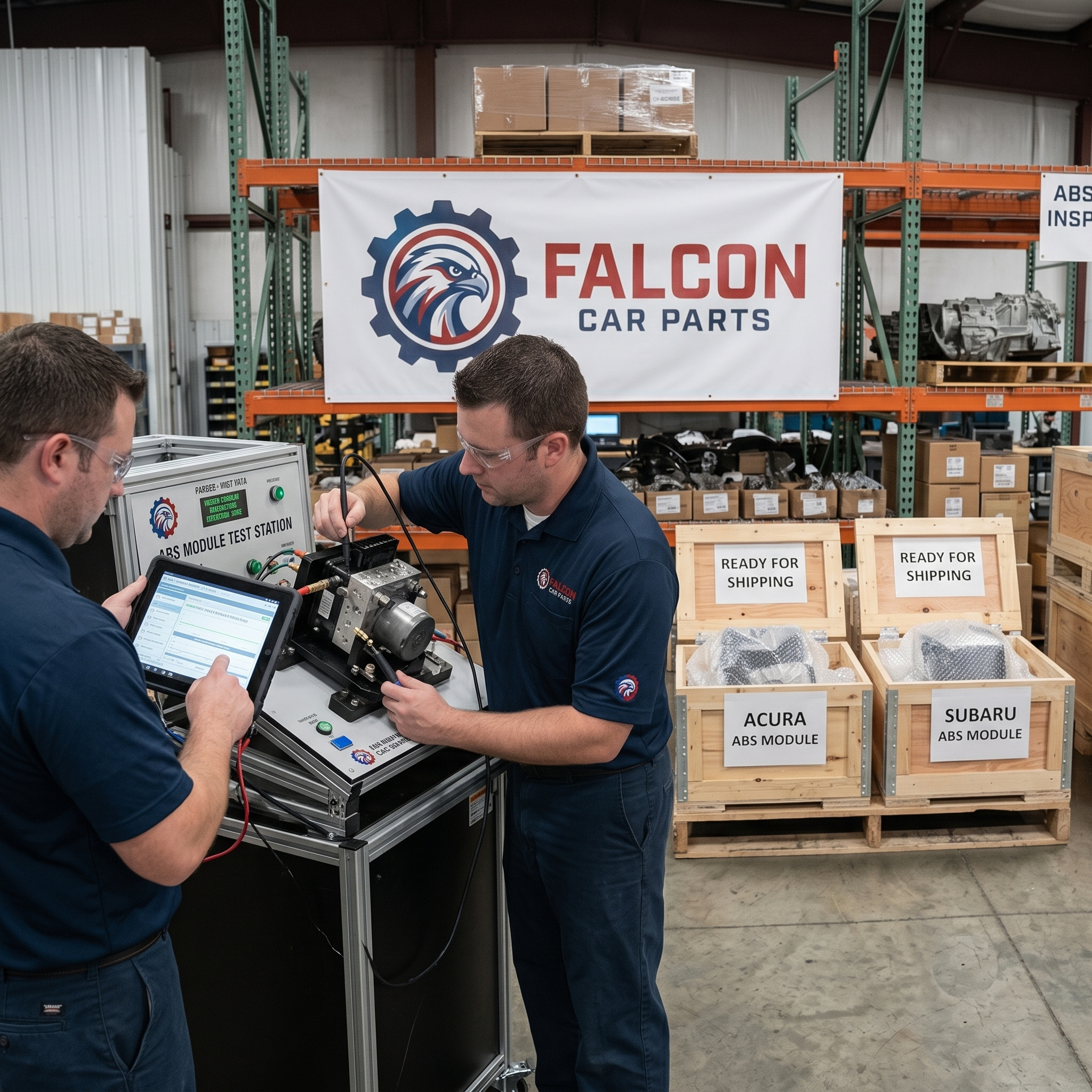 Falcon Car Parts store in charge inspecting a high-quality used ABS module