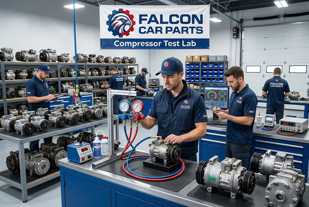 Technical staff testing used AC compressors for cars and trucks
