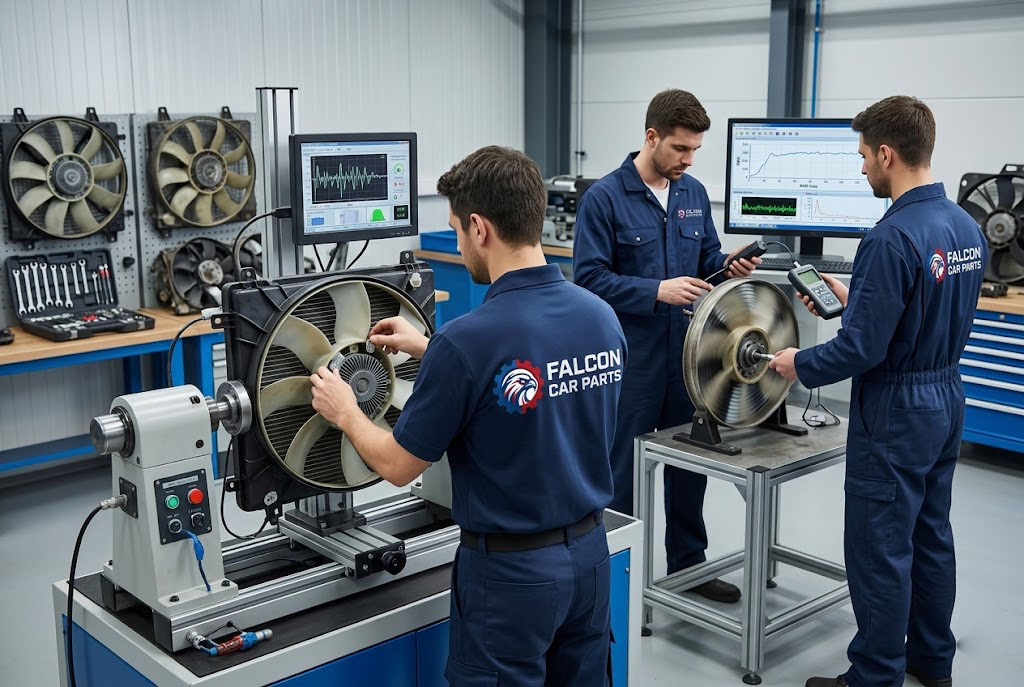 Technical staff testing used AC condenser fans for motor speed and blade balance