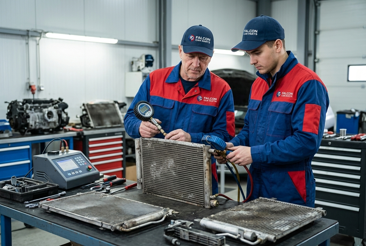 Technical staff testing used AC condensers