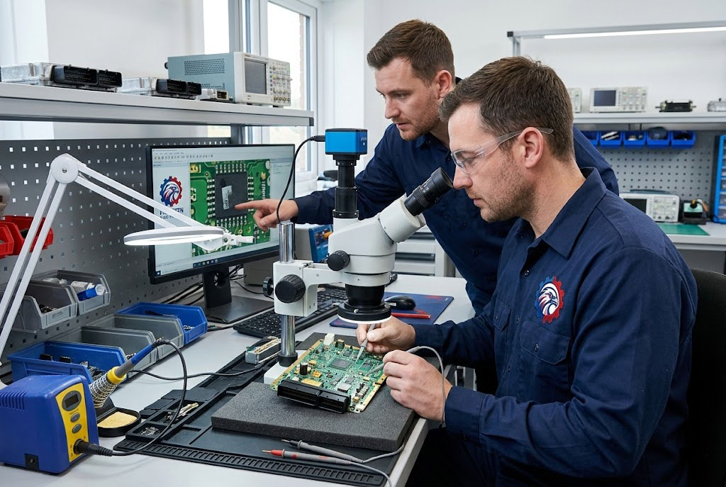 Technical staff inspecting an OEM airbag control module circuit board