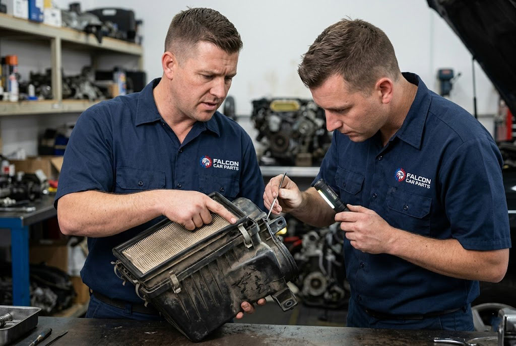 Technical staff inspecting a used air cleaner assembly to ensure clips and housing are intact