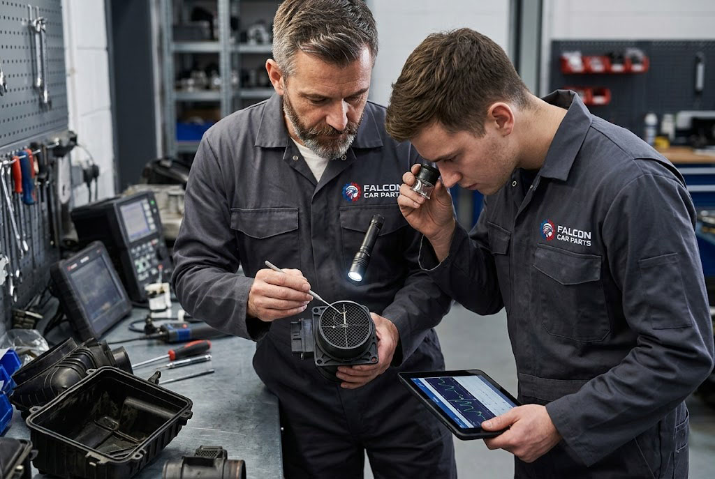 Technical staff inspecting a mass air flow sensor element