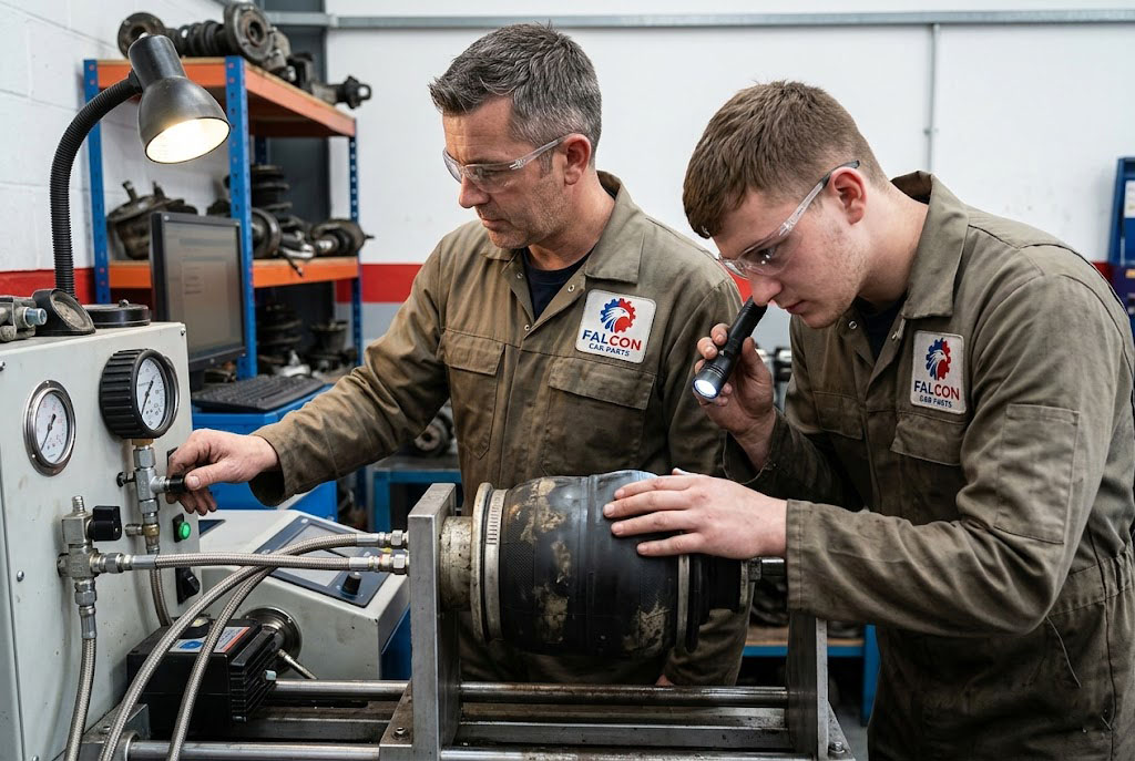 Technical staff inspecting and pressure testing a used automotive air spring