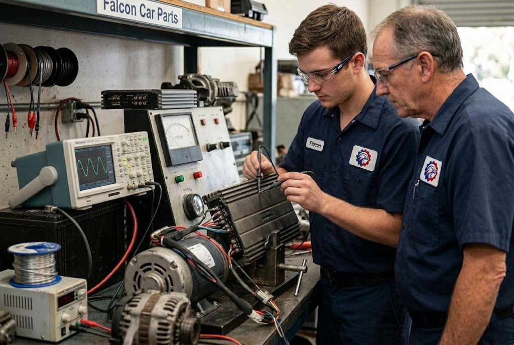 Technical staff bench-testing an OEM car audio amplifier for clean channel output