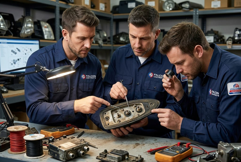 Technical staff inspecting the base seal and coaxial connectors of a used shark fin car antenna