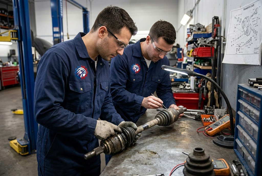 Technical staff inspecting the electrical pins and hydraulic block of an anti lock brake module