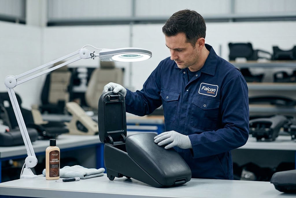 A clean, inspected used leather center console armrest