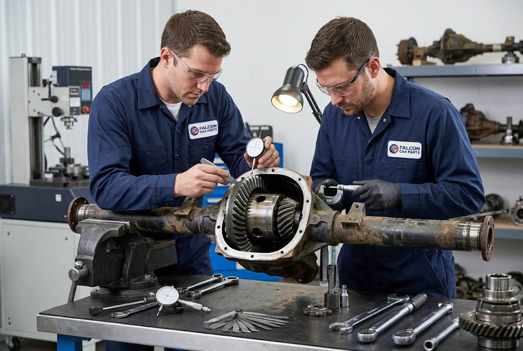 Technician inspecting the ring and pinion gears of a used rear axle assembly