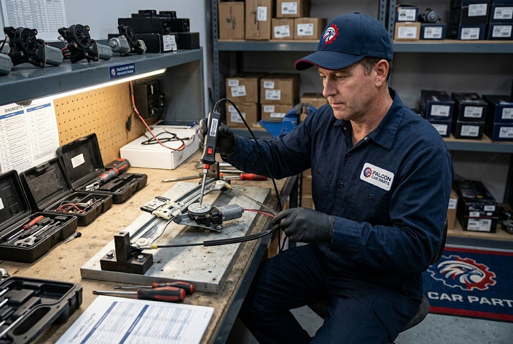 Technician testing the motor and cable track of a used back glass window regulator