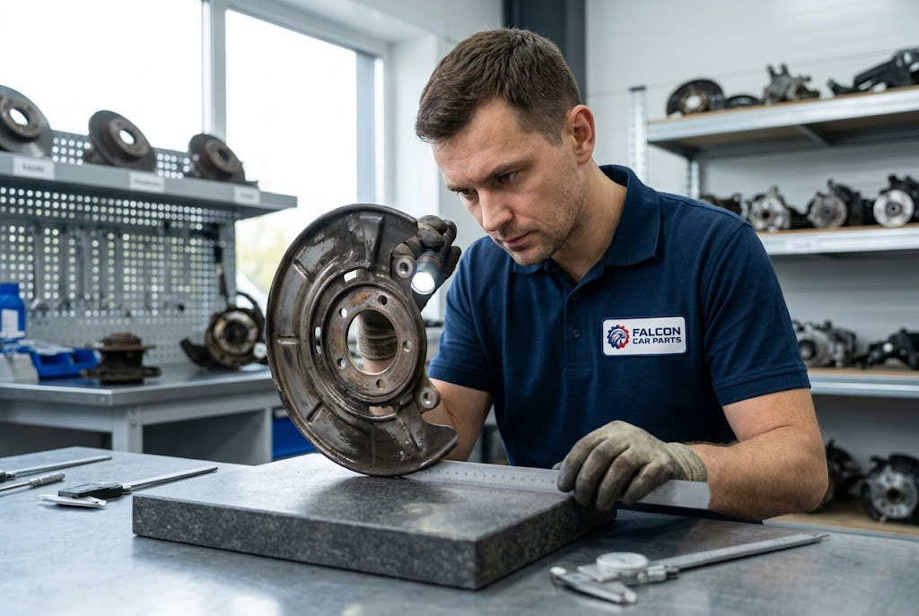 Technician inspecting a used steel front brake backing plate for straightness and rust