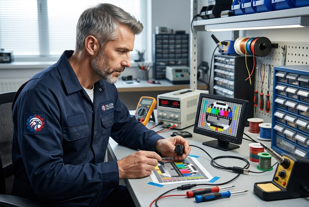 Technician bench-testing a used OEM backup camera for clear video feed
