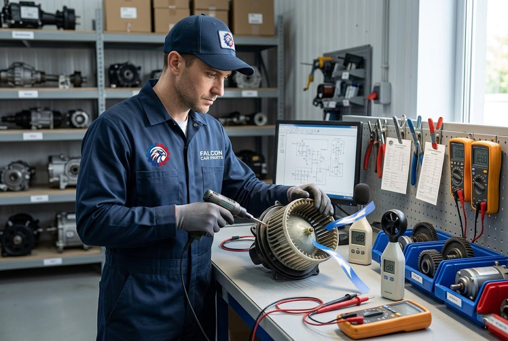 Technician bench-testing a used OEM blower motor and fan cage for proper airflow and quiet operation