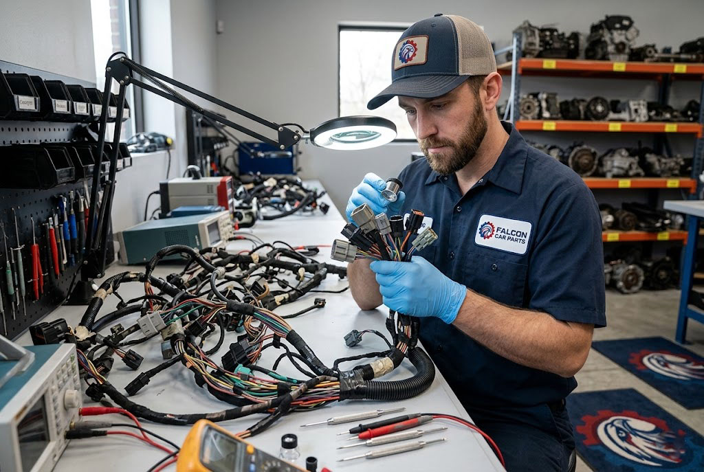 Technician inspecting the connectors and wire insulation of a used OEM body wiring harness