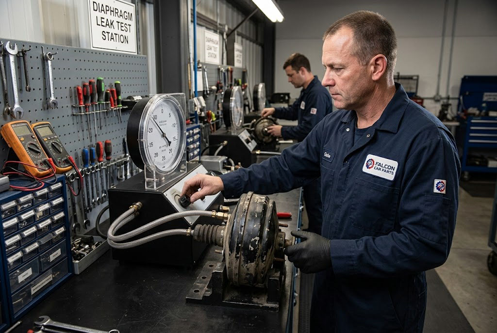 Technician vacuum testing a used OEM brake booster for diaphragm leaks
