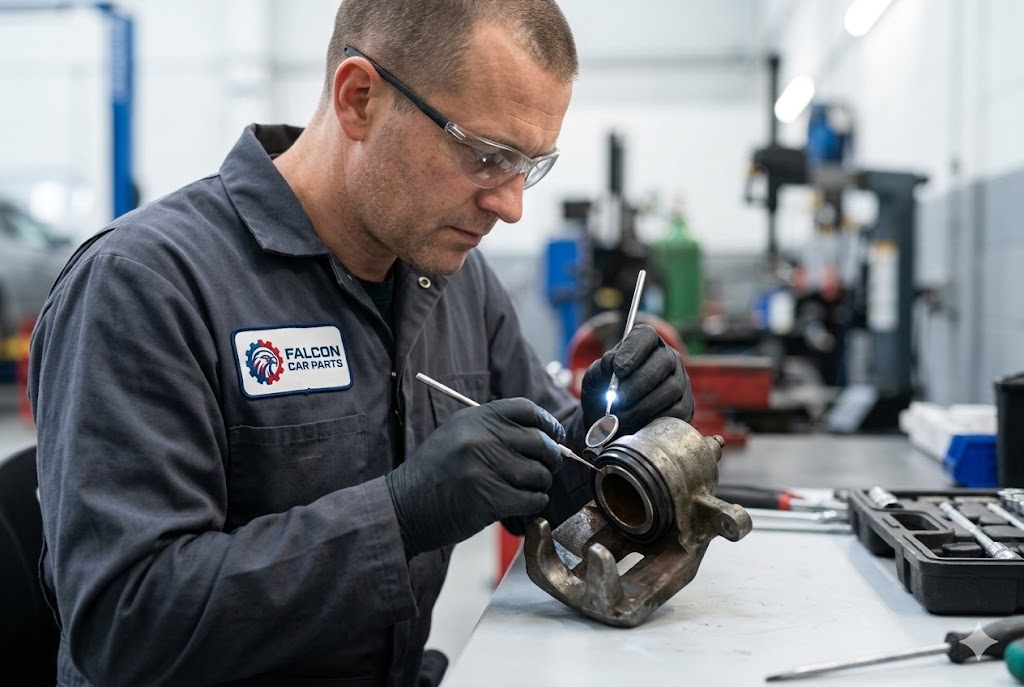 Technician inspecting the piston and seals of a used OEM brake caliper