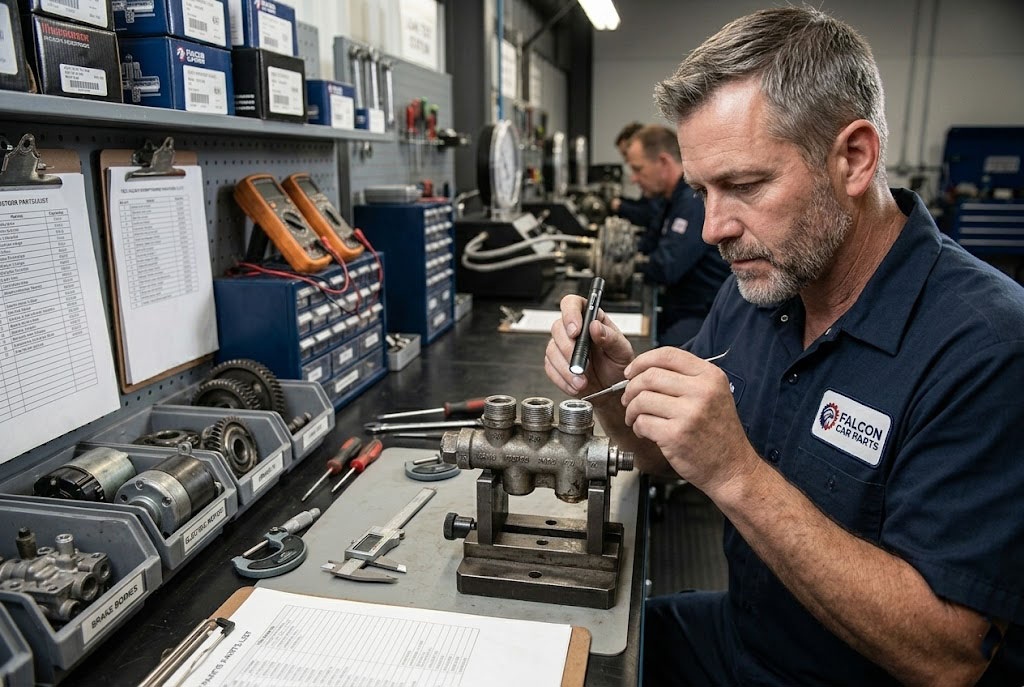 Technician inspecting the fluid ports and body of a used OEM brake proportioning valve