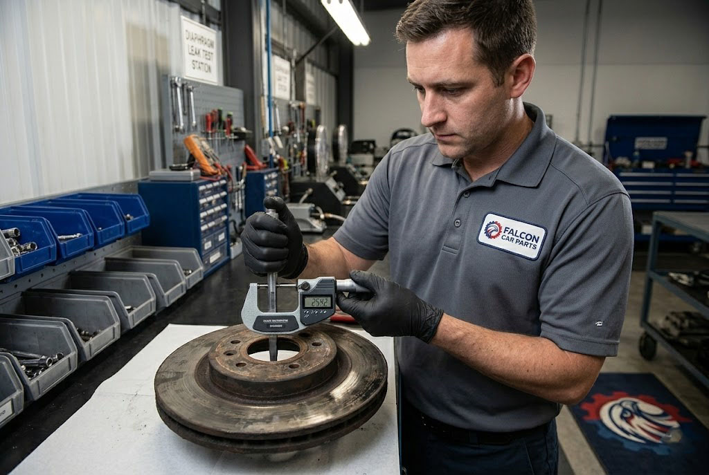 Technician measuring the thickness of a used front brake rotor with a micrometer