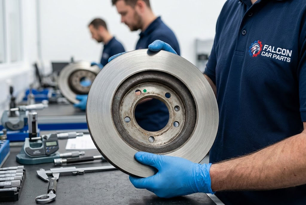 Close up of a tested used rear brake rotor with clean surface