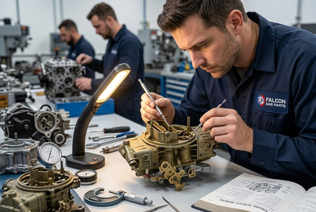 Technician inspecting the throttle linkage and casting of a used OEM carburetor