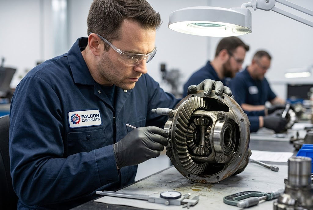 Technician inspecting the spider gears and bearing journals of a used OEM differential carrier