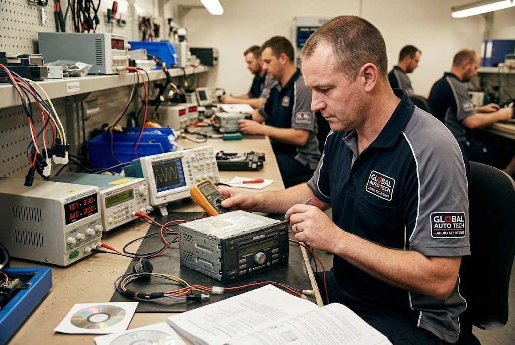 Technician bench-testing a used OEM car CD player and radio head unit