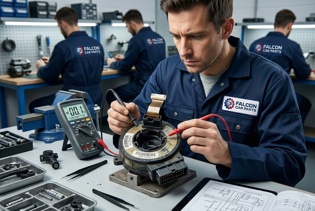 Technician testing the continuity of a used OEM clockspring spiral cable with a multimeter