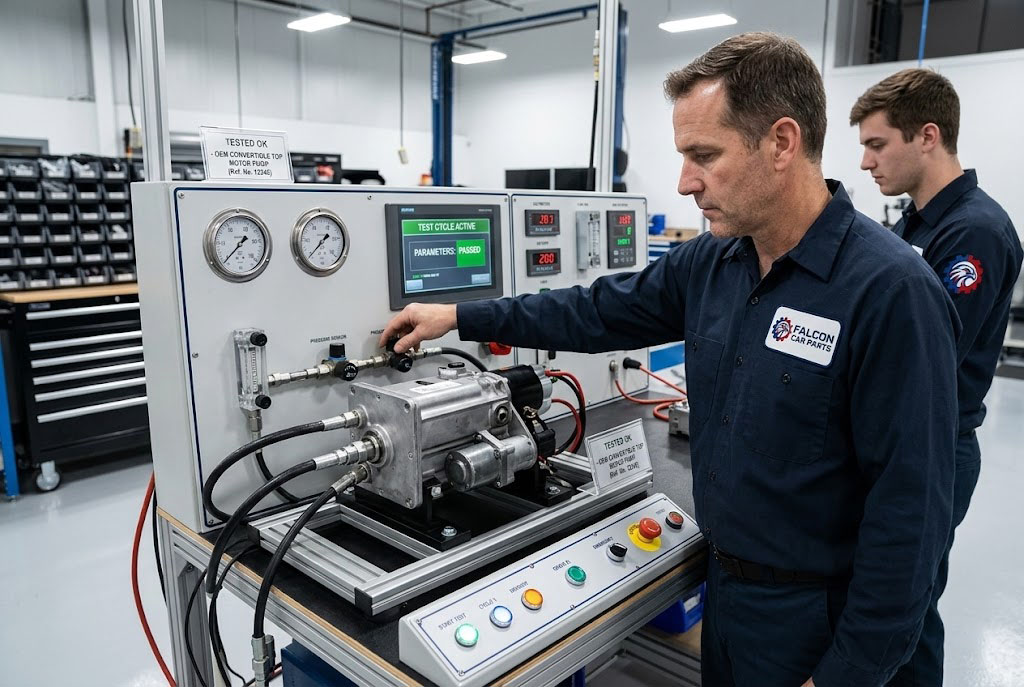 A clean, bench-tested OEM convertible top electro-hydraulic motor pump