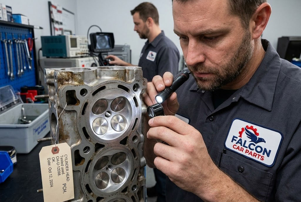 Close up of a tested used engine cylinder head showing clean combustion chambers