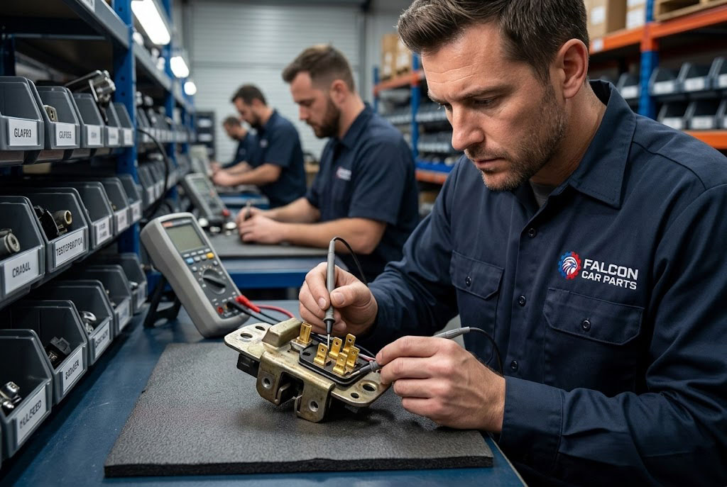 Close up of a tested used OEM deck lid latch with clean electrical connectors