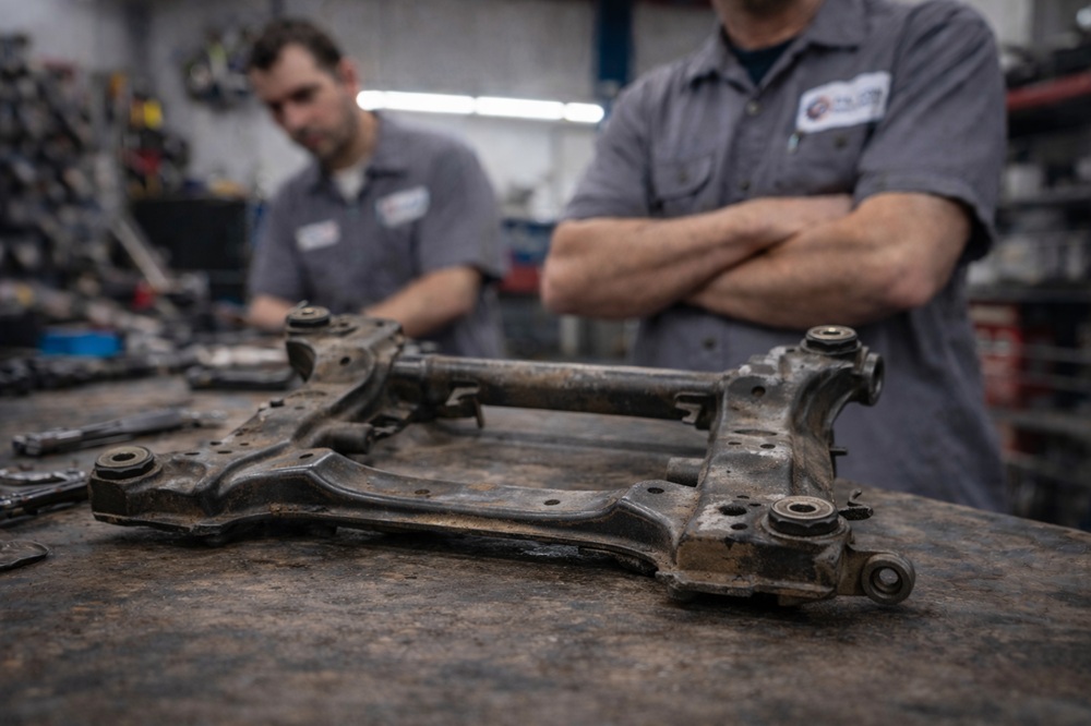 Technician inspecting used front subframe assembly
