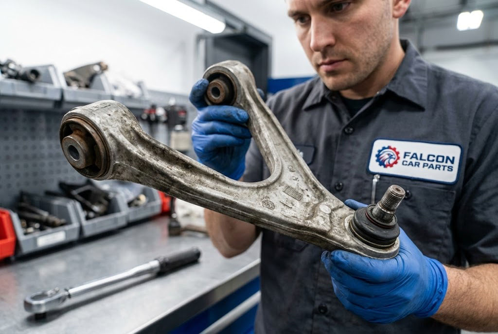 Close up of a straight used OEM front upper control arm