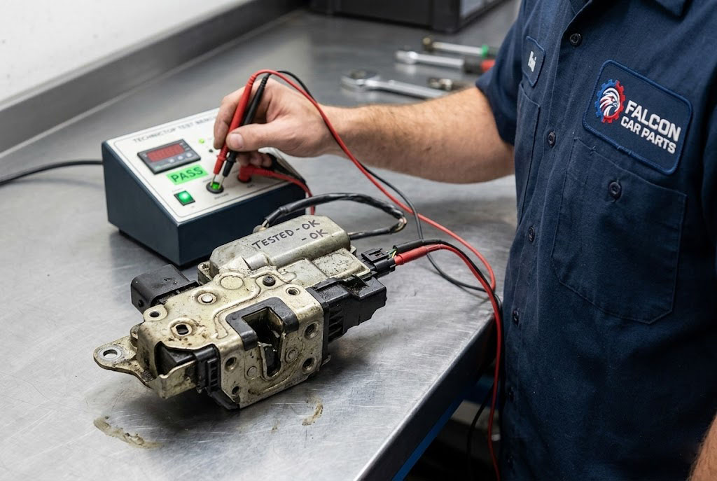 Close up of a tested OEM used back door latch and actuator assembly