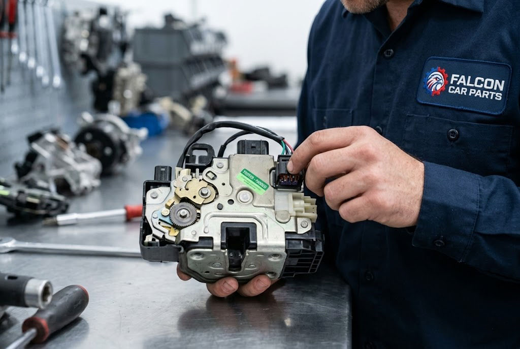 Close up of a tested OEM used front door latch and actuator assembly