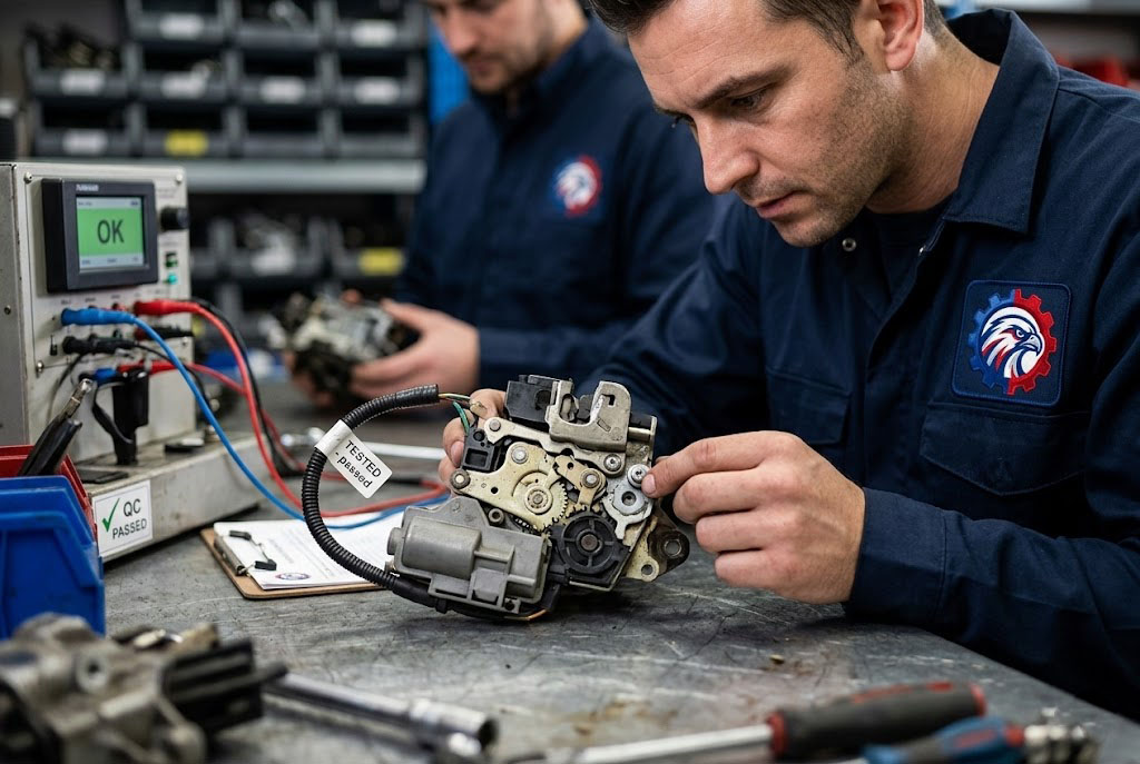 Close up of a tested OEM used rear door latch and lock actuator