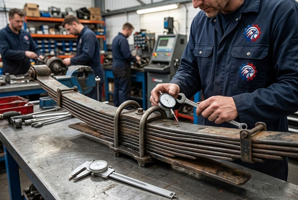 Close up of a heavy-duty tested used front leaf spring pack