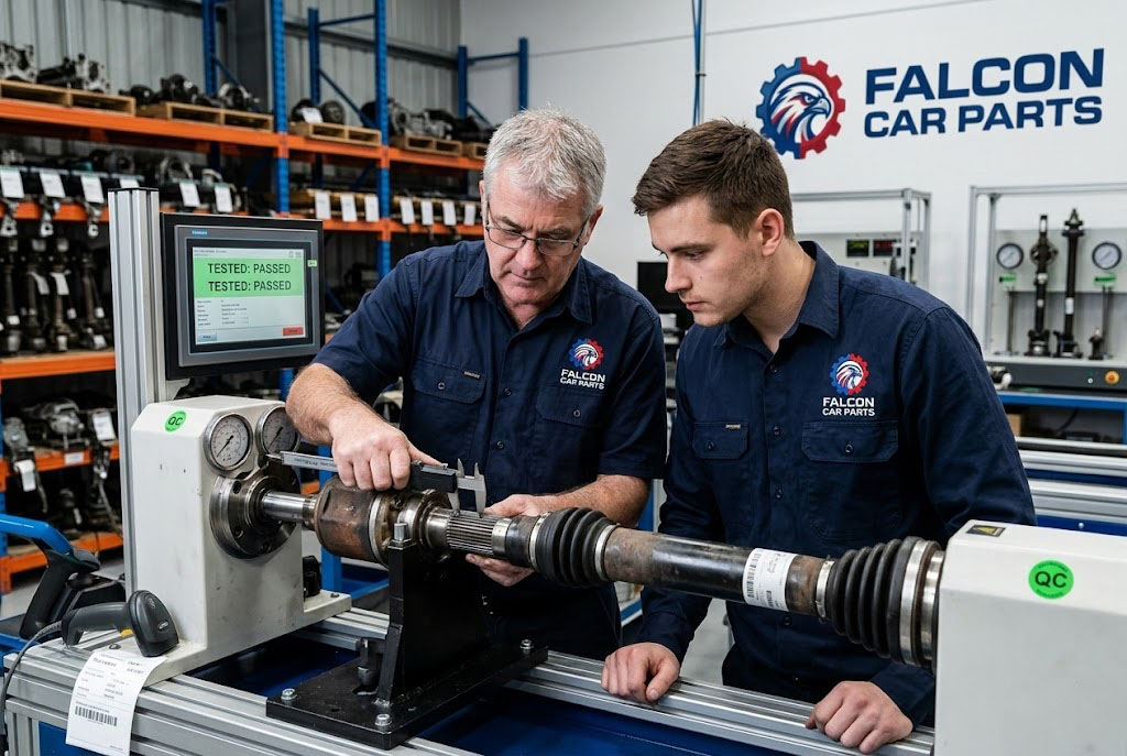Close up of a tested used rear drive shaft assembly