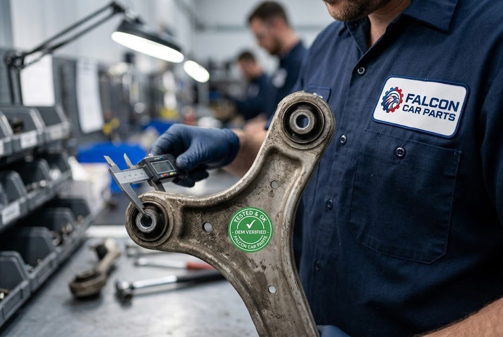 Close up of a tested used OEM rear lower control arm