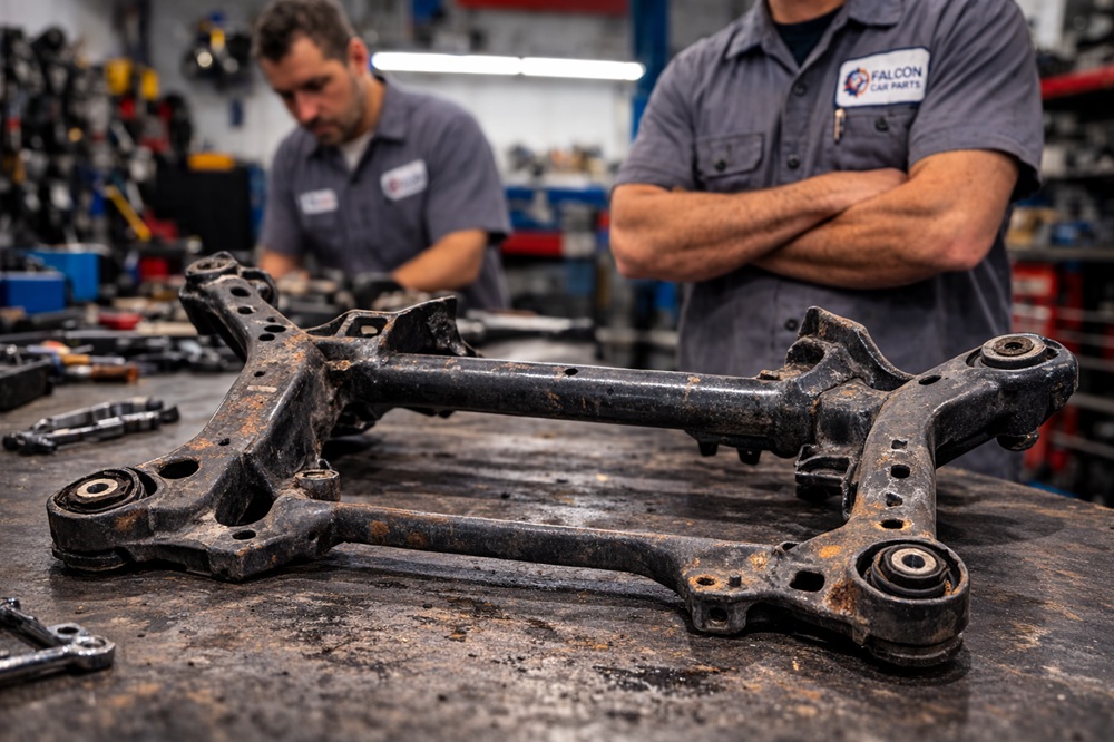 Technician inspecting used rear subframe assembly