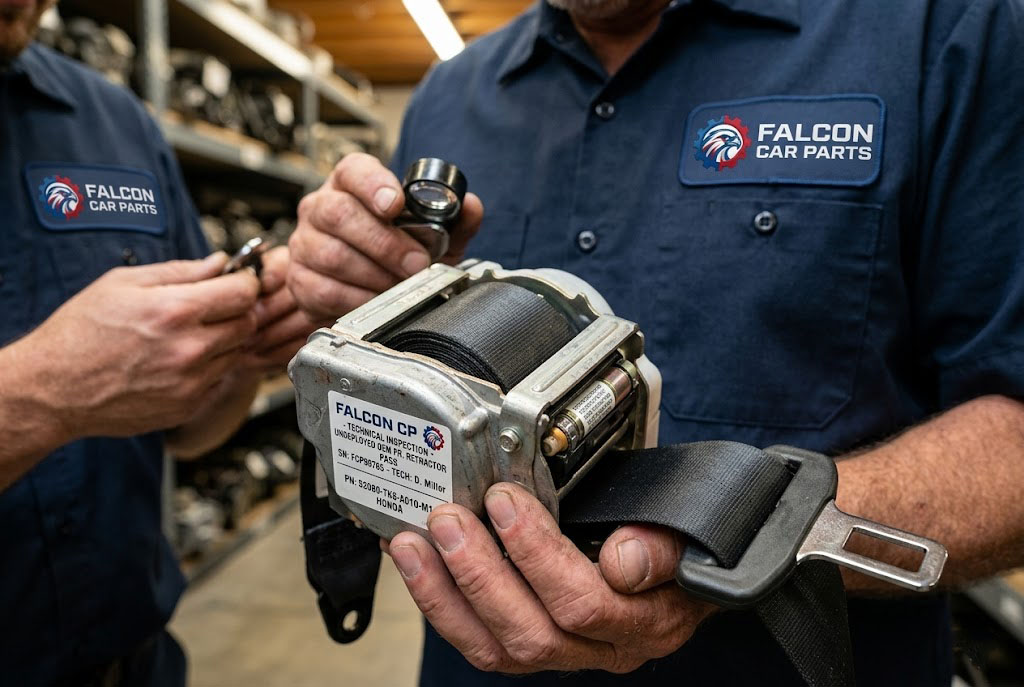 Close up of an undeployed used OEM front seat belt and retractor assembly