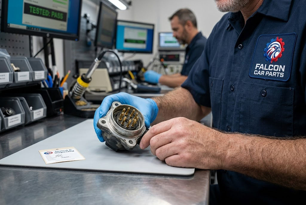 Close up of a tested used OEM chassis sensor with clean connector pins