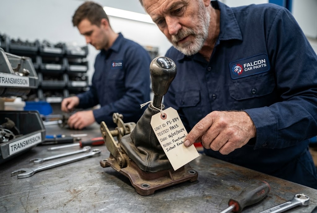 Close up of a tested used floor shifter assembly with intact gear knob