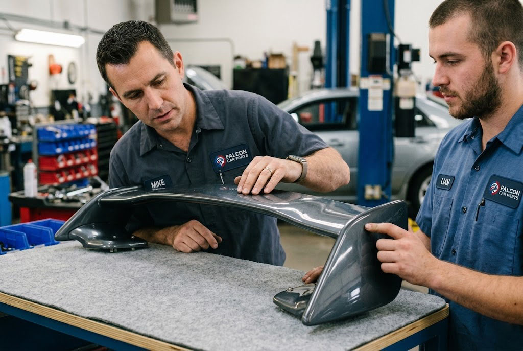 Close up of a clean used OEM rear spoiler trunk wing