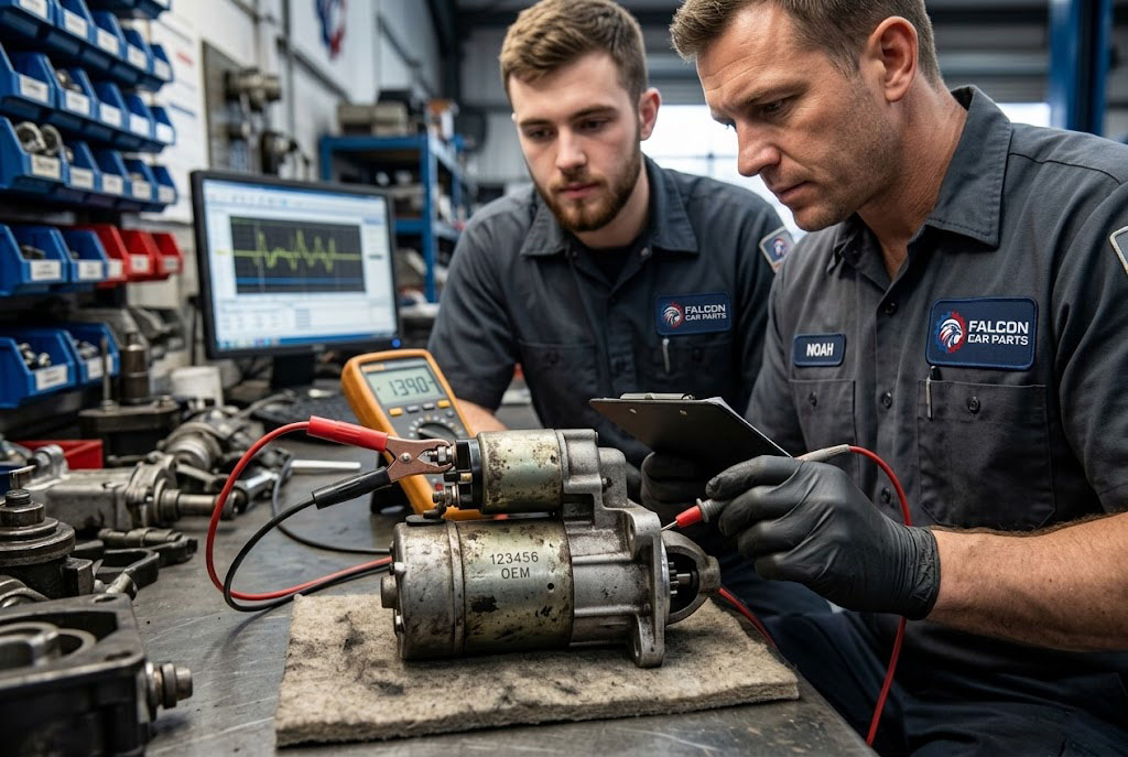 Close up of a tested used OEM starter motor