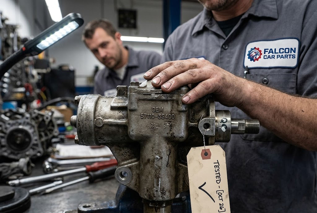 Close up of a tested used OEM steering box