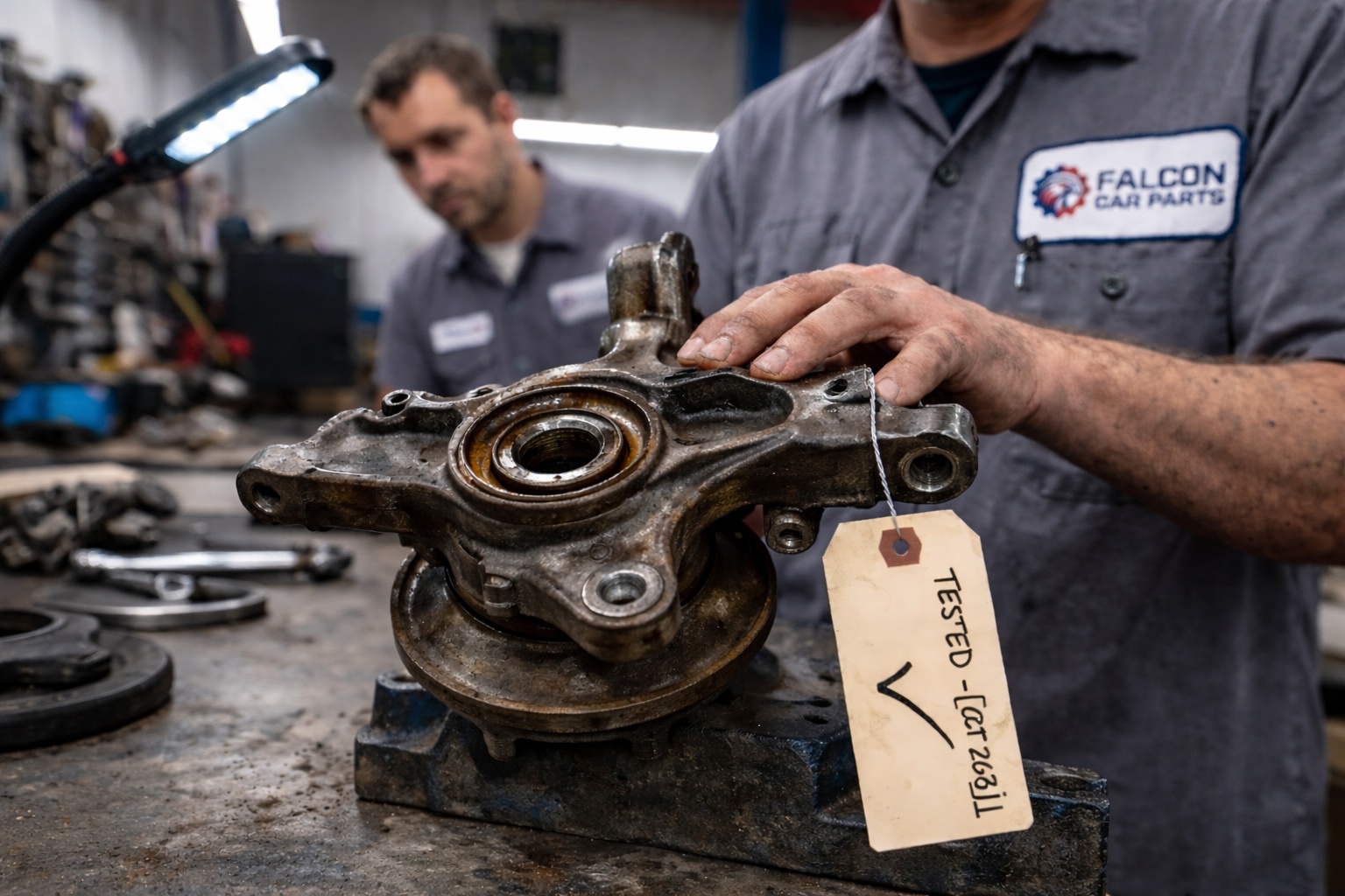 Technician inspecting used steering knuckle assembly