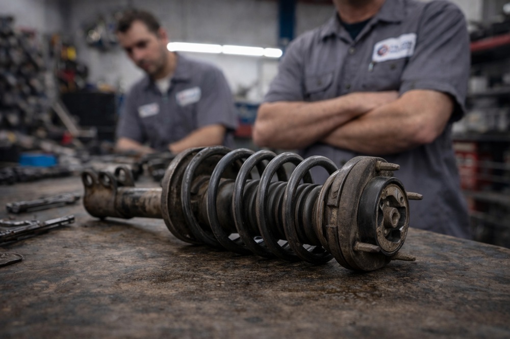 Technician inspecting used steering strut assembly