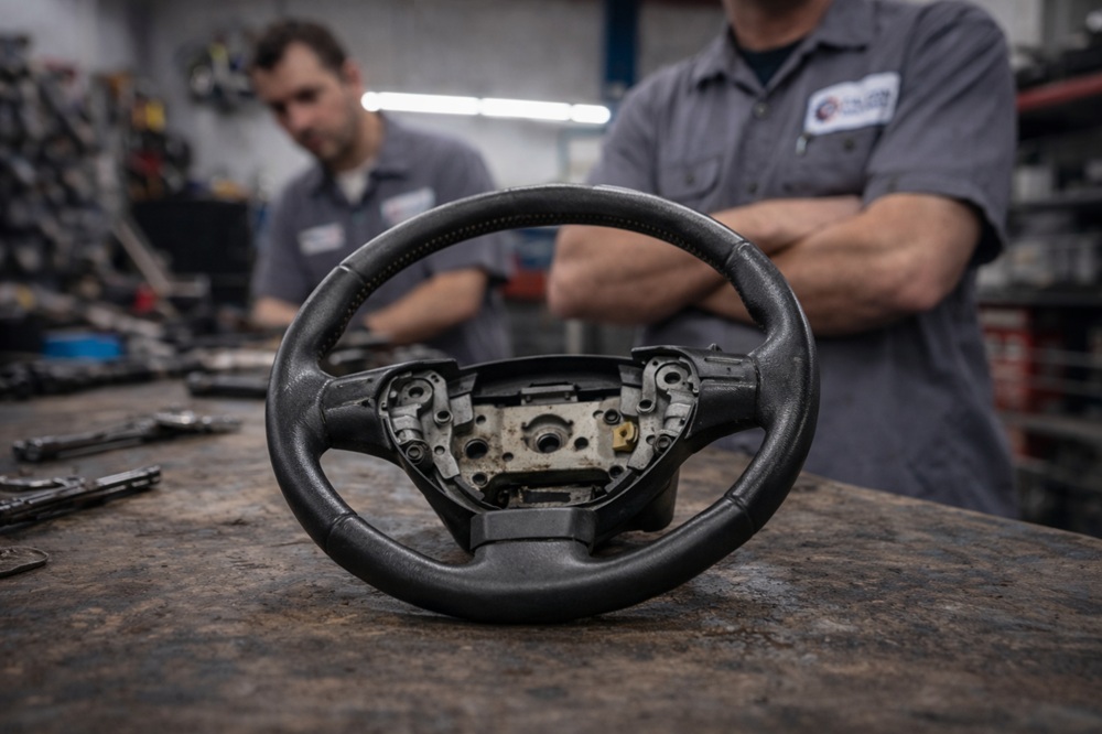 Technician inspecting used steering wheel