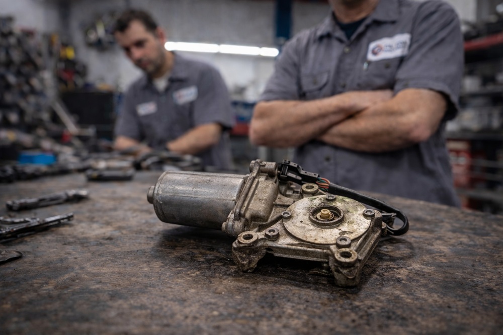 Technician inspecting used sunroof motor