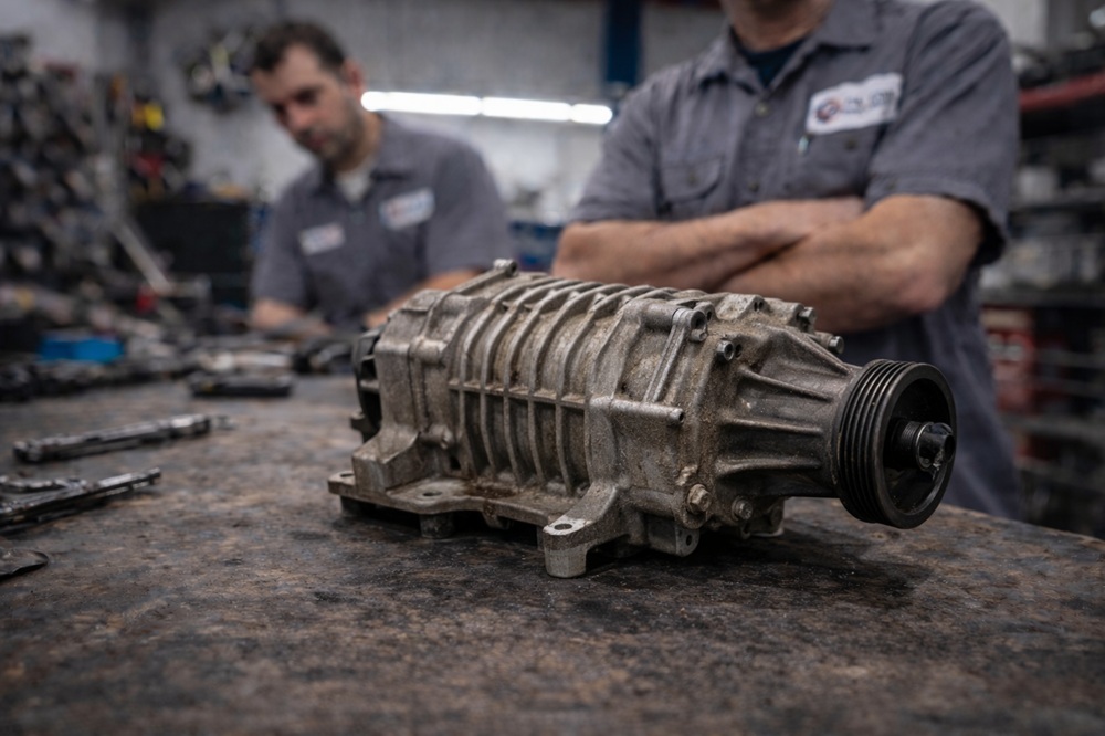 Technician inspecting used supercharger